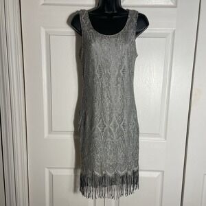 Venus Flapper Style Dress Women M Silver Lace Beige Lined Fringe Sleeveless Boho